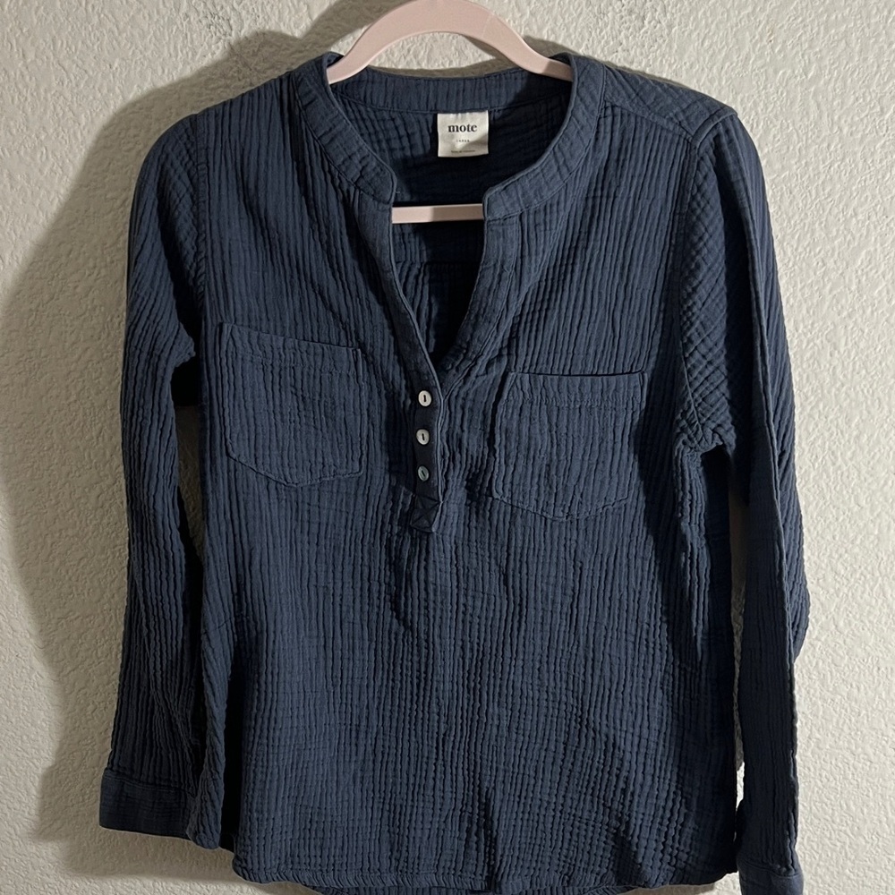 Mote 100% Cotton Gauzy Henley Shirt L Gray Long Sleeve V-Neck summer comfy